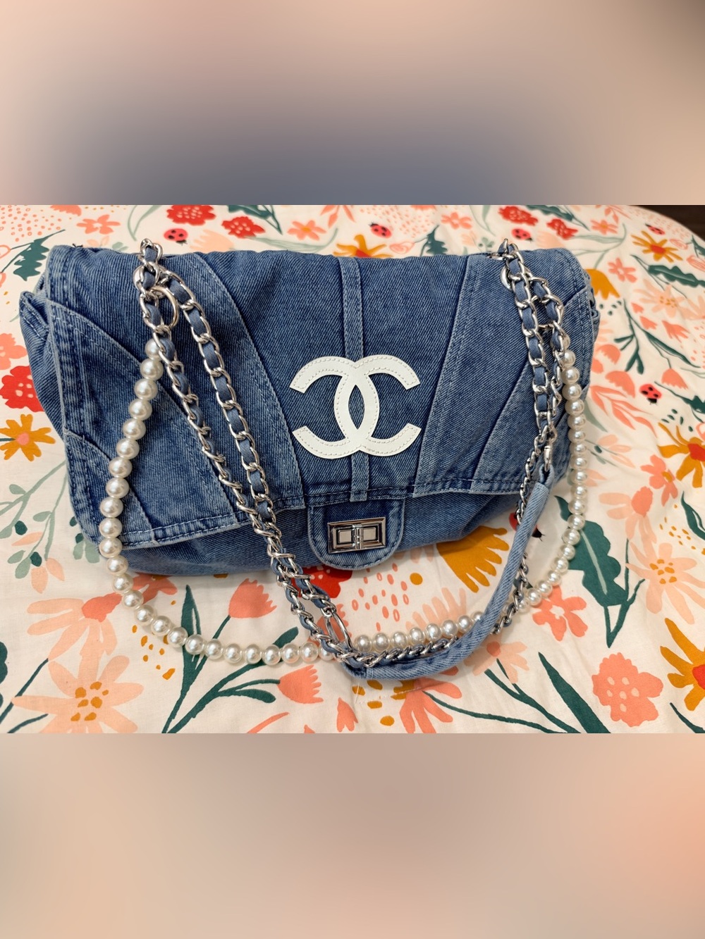 Denim Shoulder Bag with Pearl-Accented Chain Strap